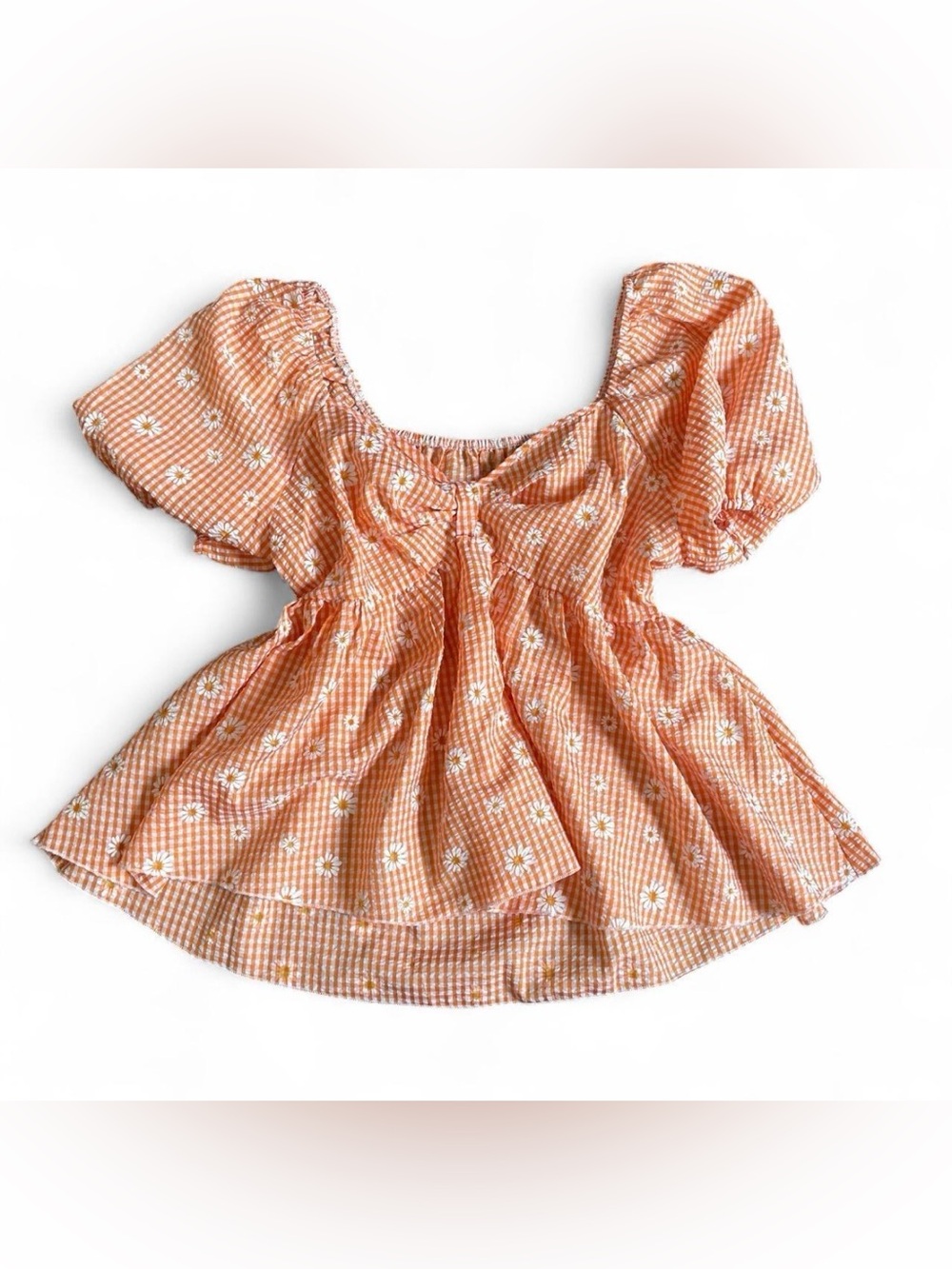 Orange and white gingham with white daisies babydoll blouse